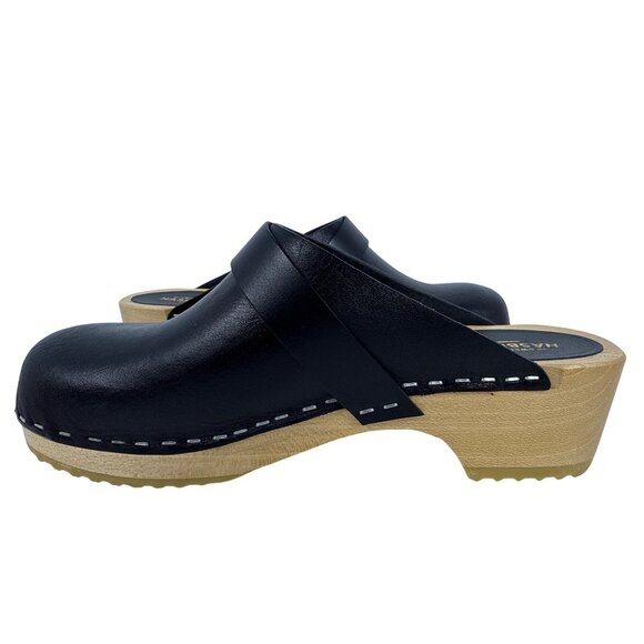 Swedish Hasbeens Women's Husband Black Leather Wooden Sole Clogs SZ EU 36 , US 6 - Picture 3 of 14